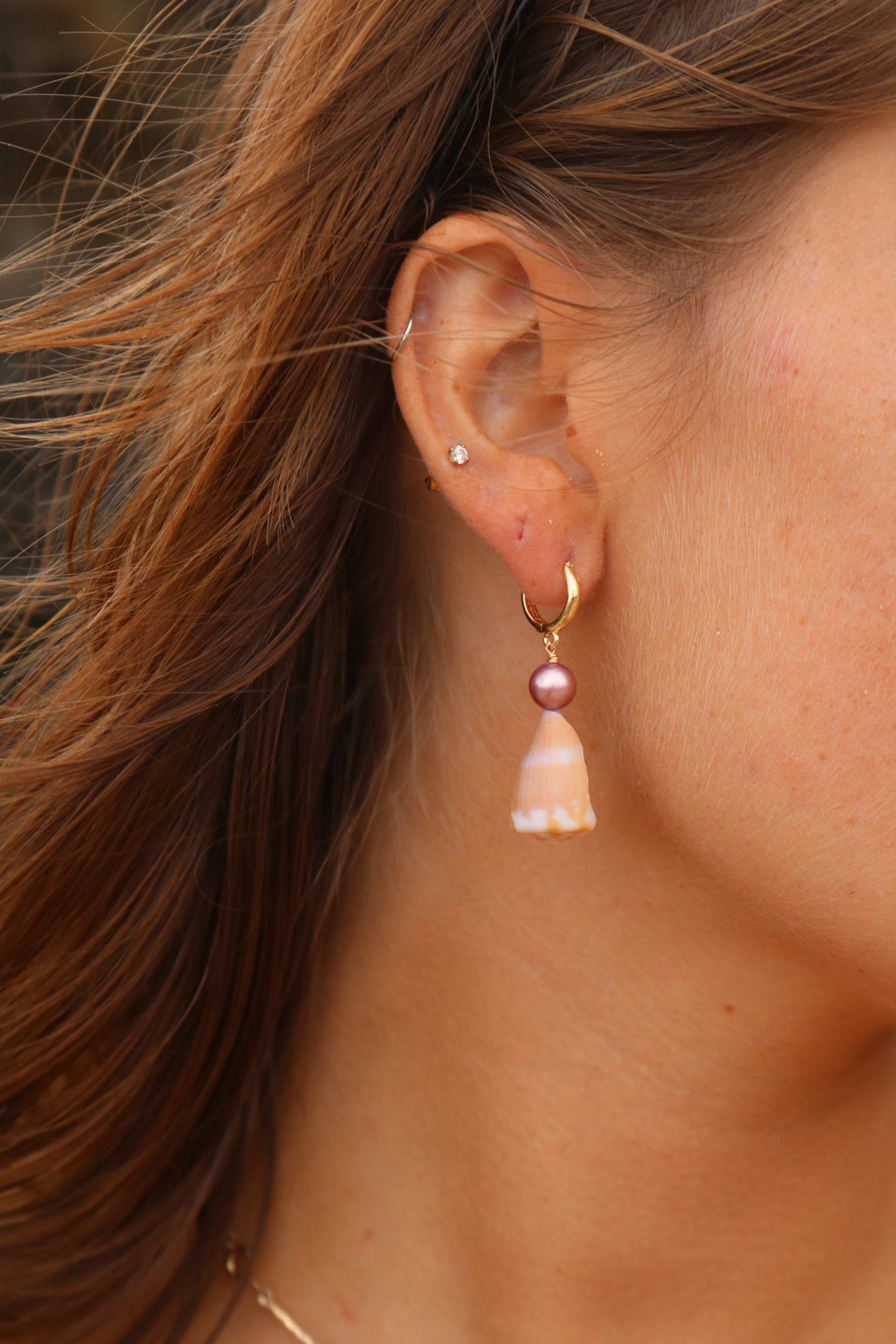 pink pearl and cone earrings